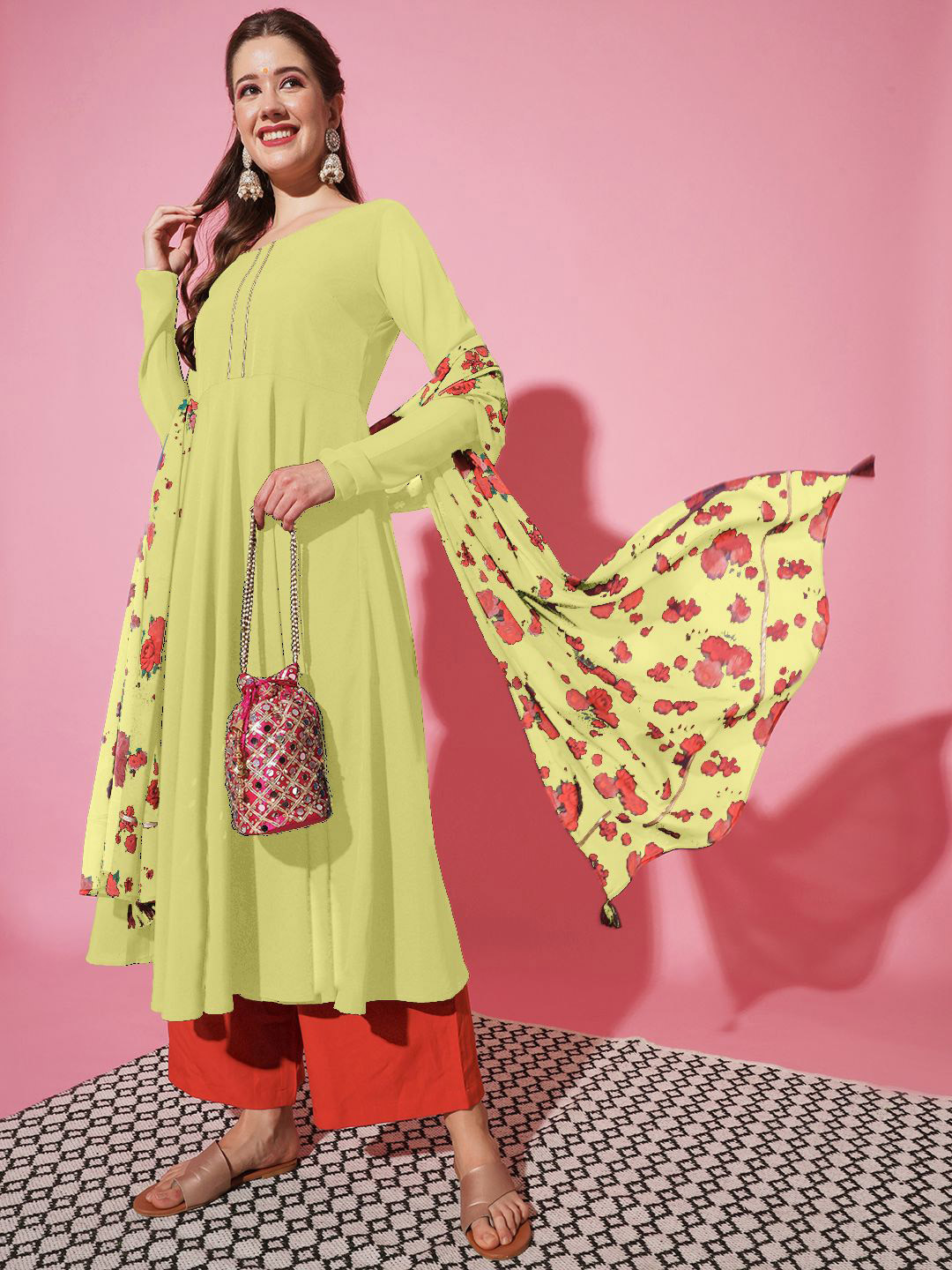THE FAB FACTORY Women Solid Boat Neck Anarkali Kurta with Printed Dupatta