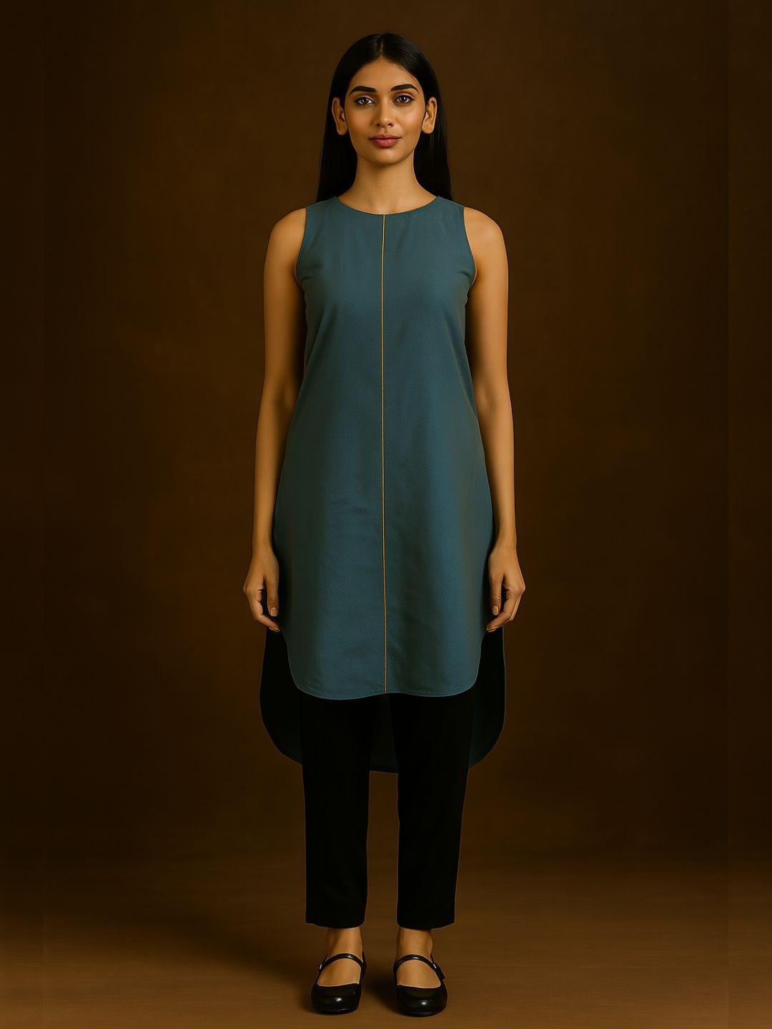 Abhishti Women Peacock Blue Contrast Piping High-Low Halter Neck Kurta