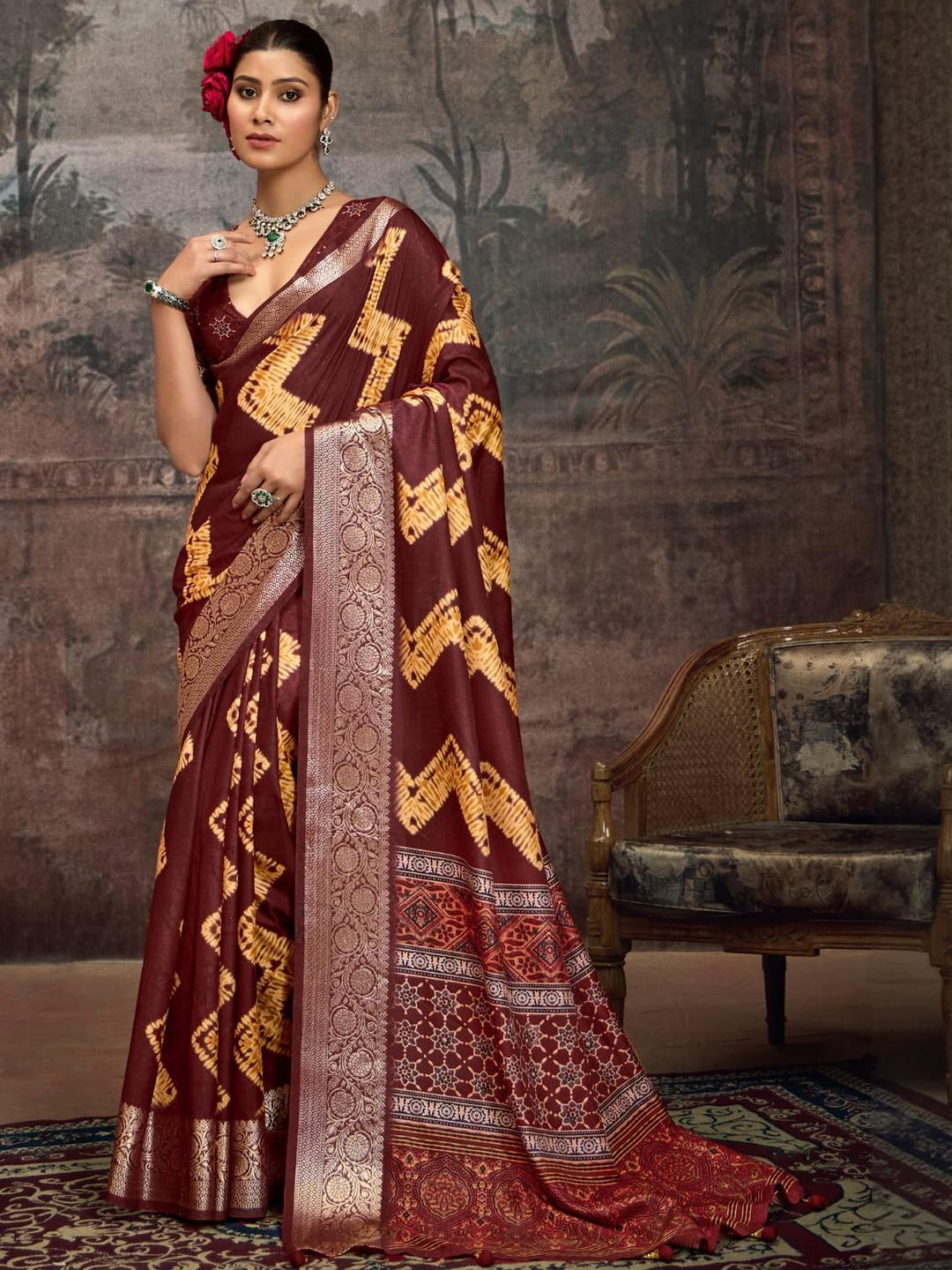 KCPC BANDHANI Maroon Silk Blend Sarees