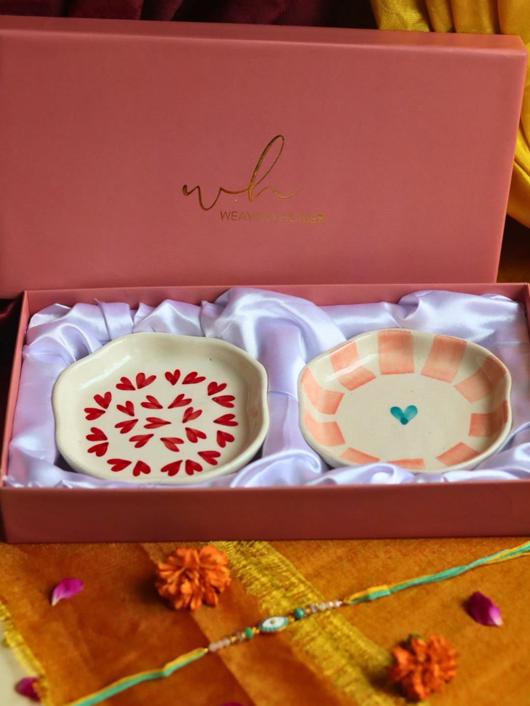 WEAVING HOMES Heart & Striped Set Of 2 Dessert Plate With 1 Rakhi & Roli Chawal