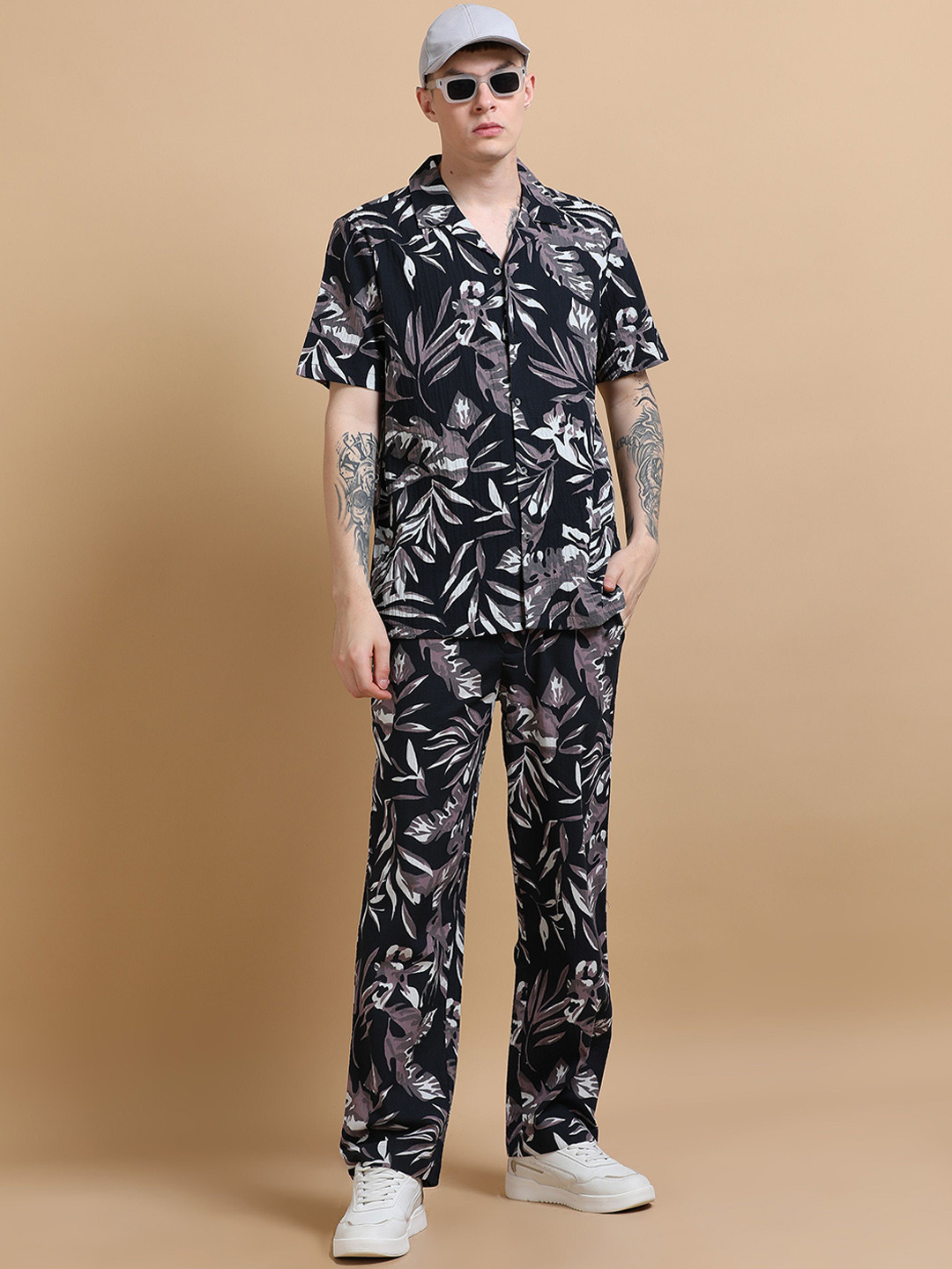 StitchX Men Floral Printed Pure Cotton Beach Shirt & Trousers