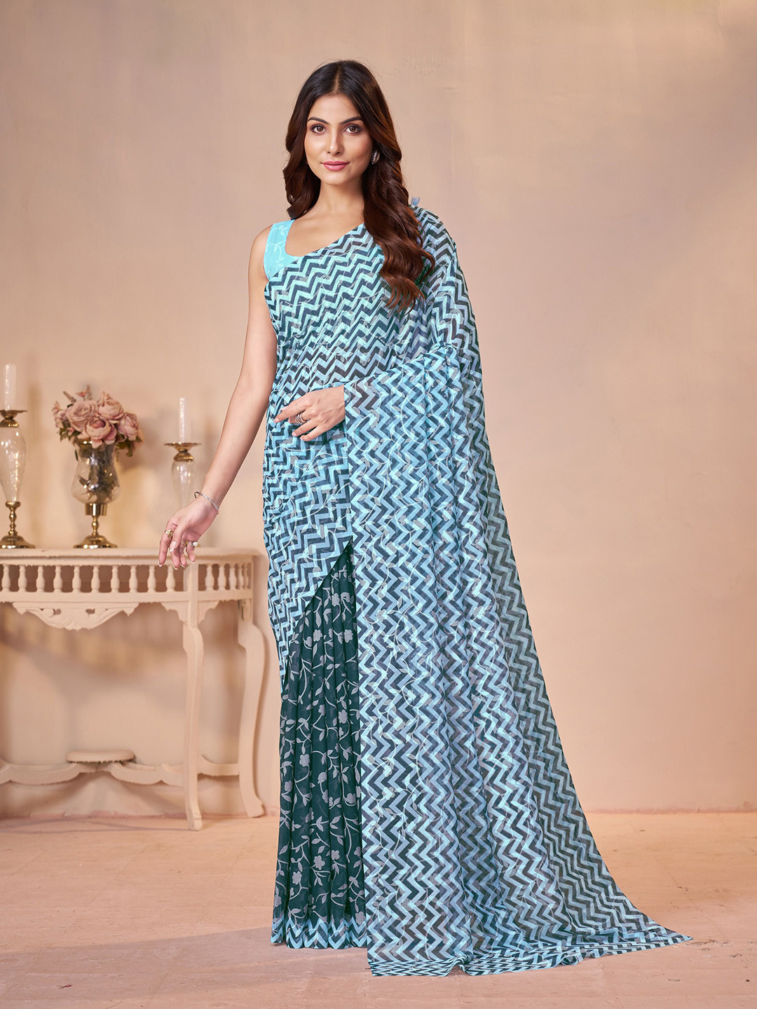 Garden Vareli Floral Brasso Half and Half Saree
