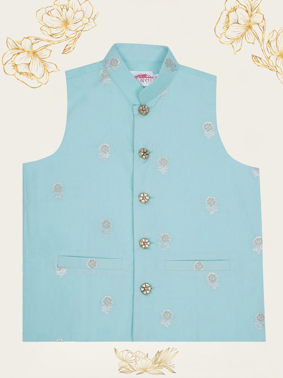 Little Bansi Infant Boys Rose Embroidered Pure Cotton Woven Nehru Jacket