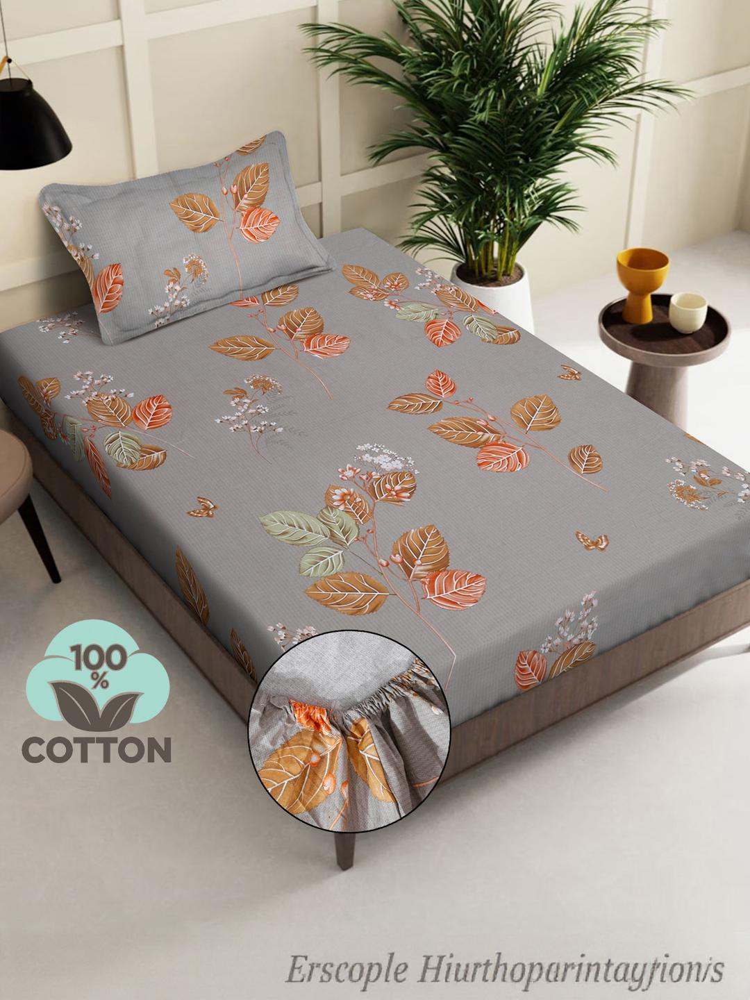 Myntra Elegant Homes Rust & Grey Floral Printed Cotton Single Bedsheet With Pillow Cover