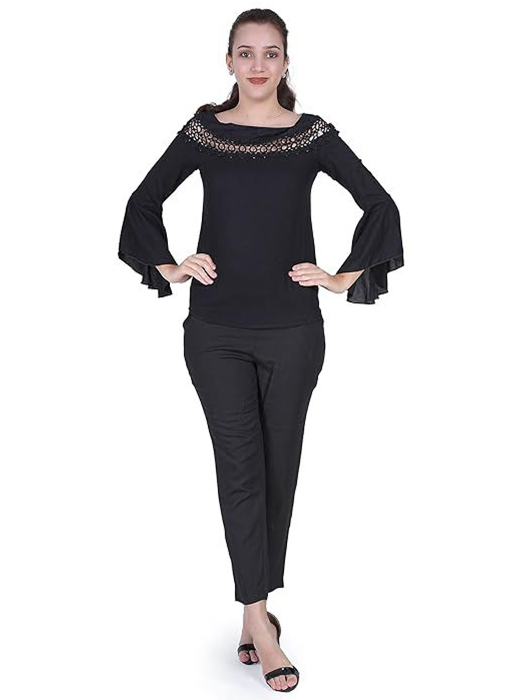 IB STYLES Lace Inserts Boat Neck Bell Sleeves RegularTop