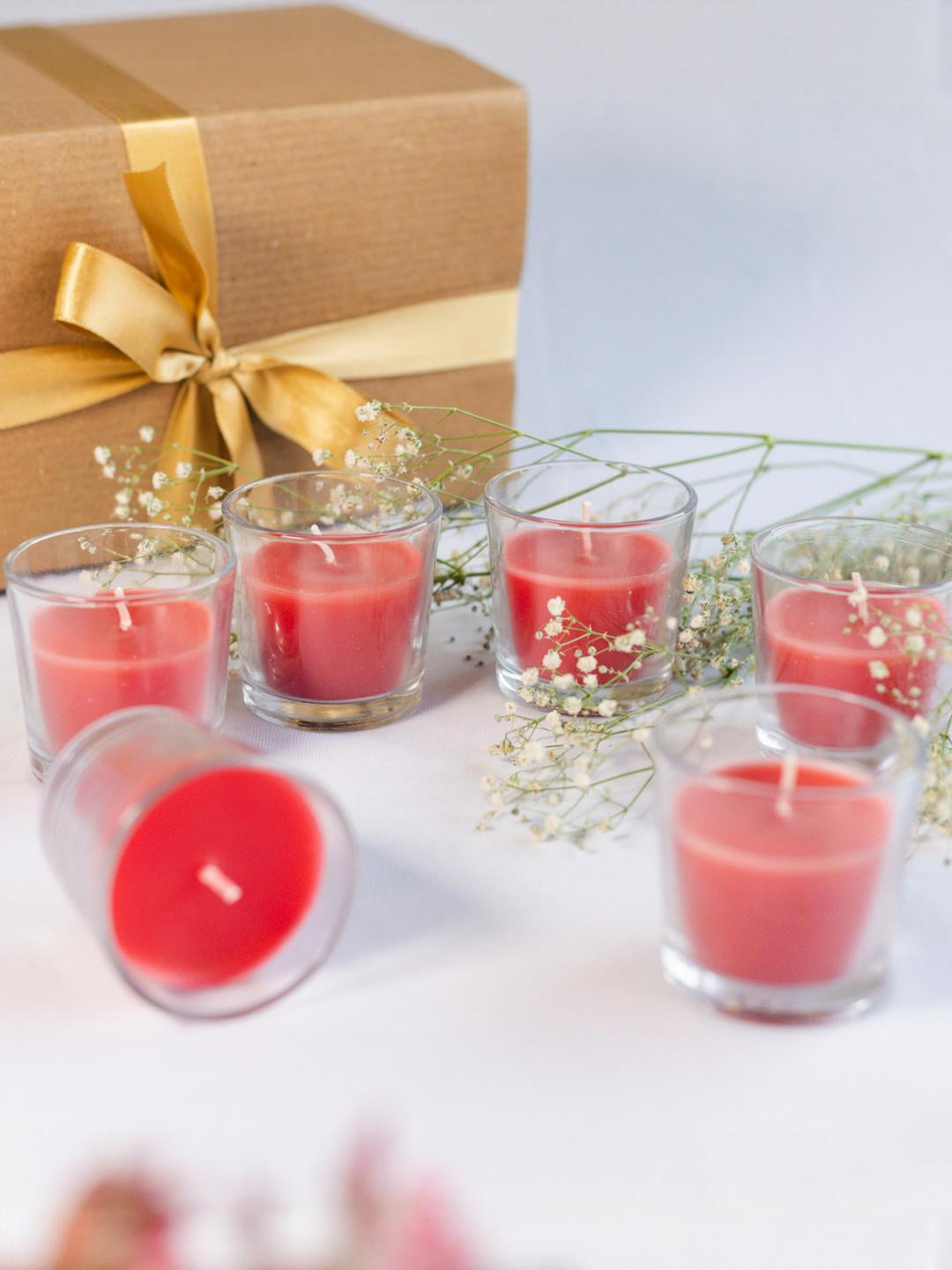 LIGHT JEWELS Small Glass Candle 6Pcs 1 Wick Pink Rose Solid Geometric Regular Jar Candles