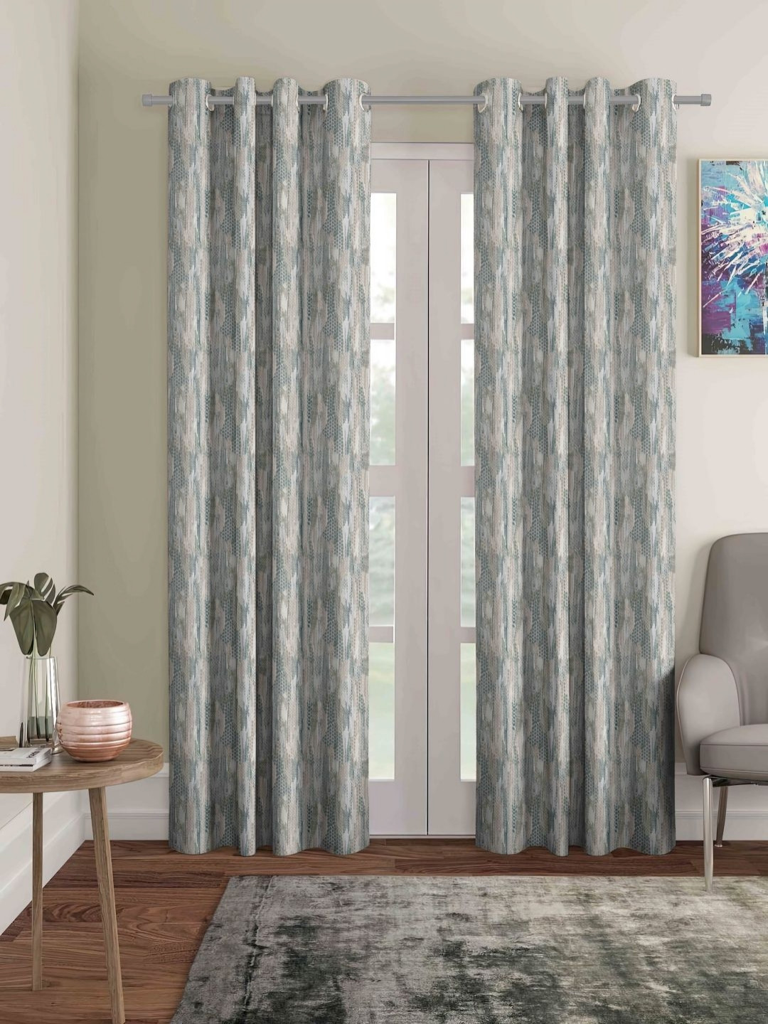 Aura Teal & Brown  2 Pieces Abstract Printed Room Darkening Long Door Curtains