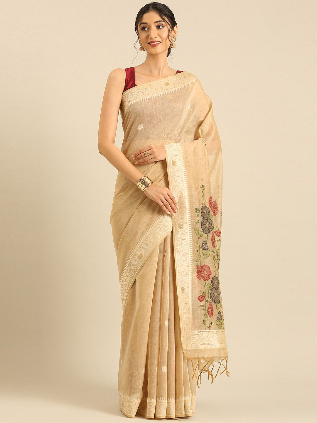 Taashi Beige Woven Butta Linen Saree