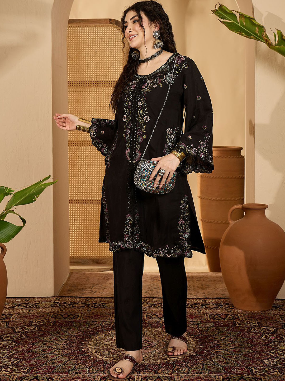 Sangria Pure-Roman Silk Embroidered Tunic With Trouser Co-Ords