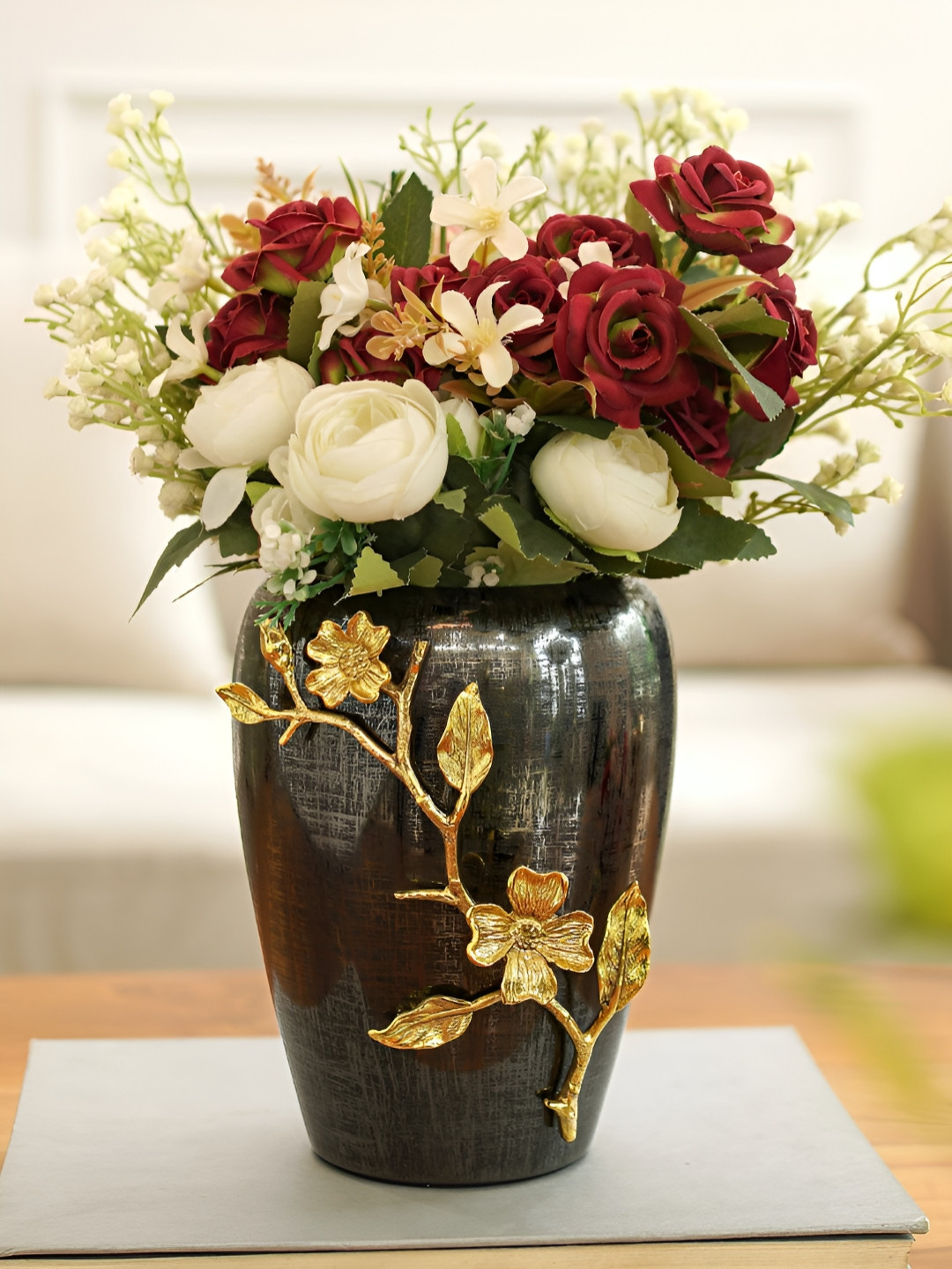 BEHOMA Yellow & Black Dogwood Flower Textured Stainless Steel Vase