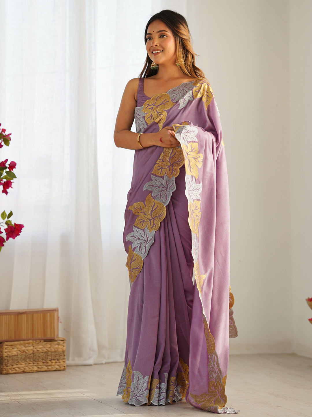 KALINI Ethnic Motifs Zari Embroidery Border Saree With Matching Blouse Piece