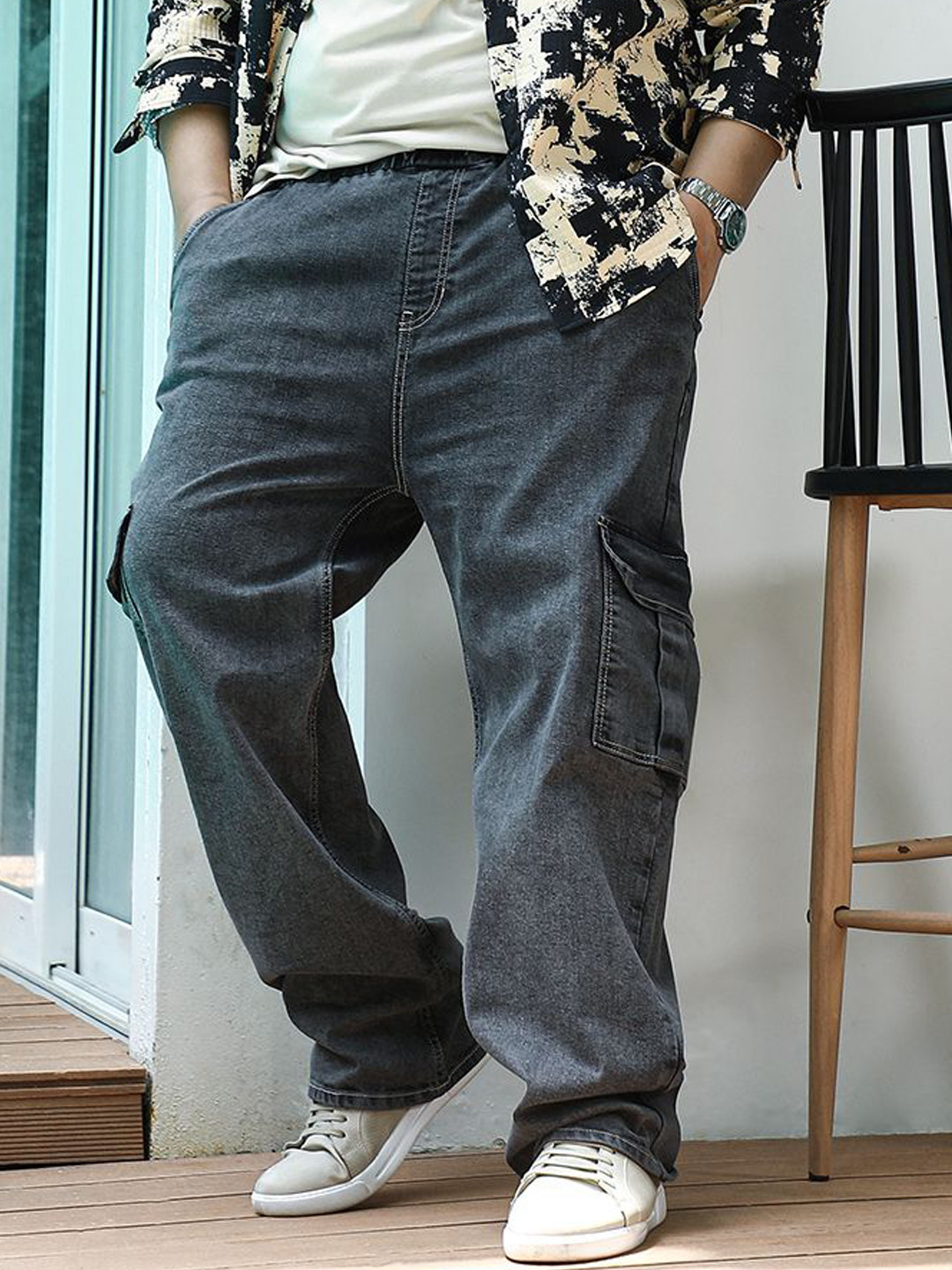 Instafab Plus Men Plus Size Comfort Crinkle Regular Fit Mid-Rise Cargo Styles Cotton Jeans