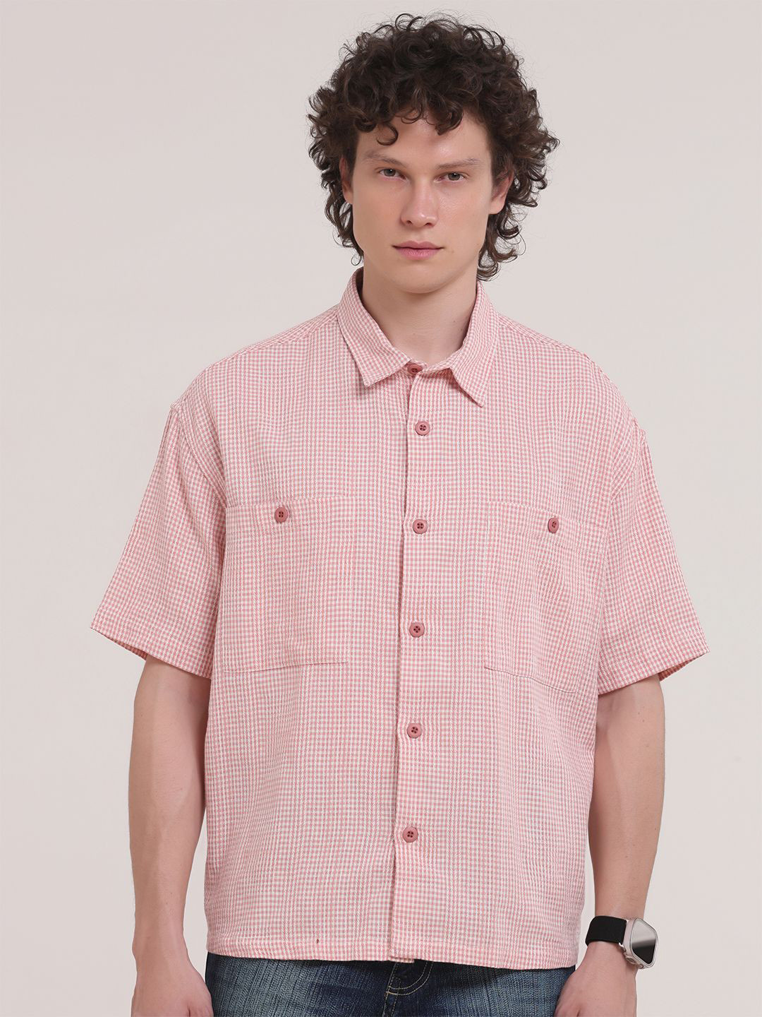 Espanshe Men Gingham Checked Spread Collar Pure Cotton Casual Shirt