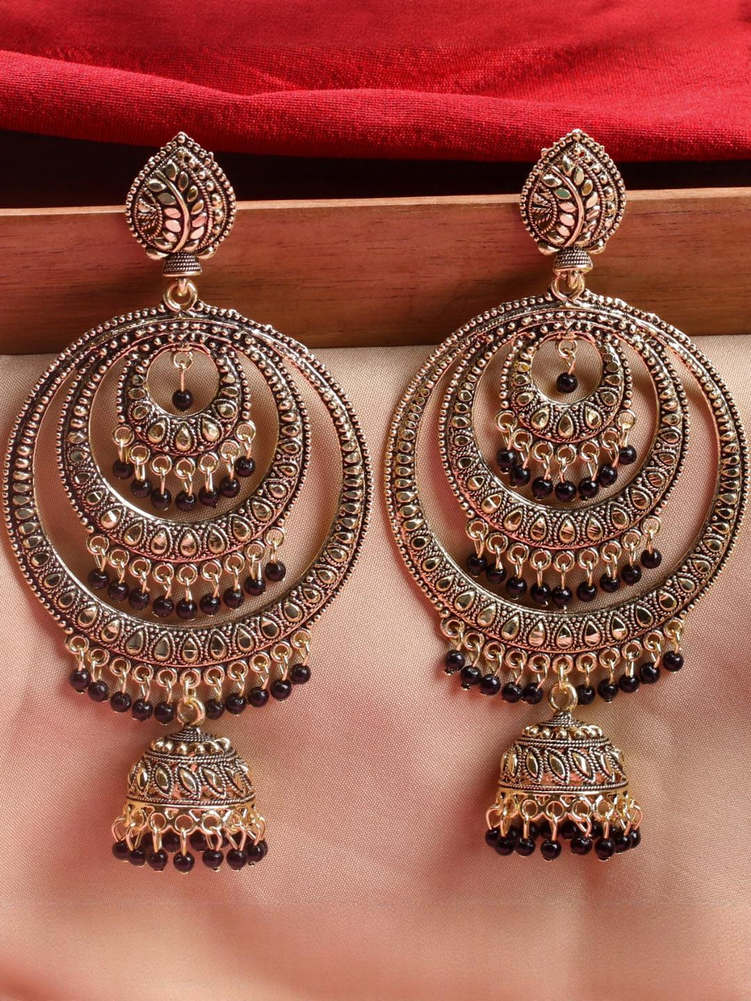 ANTICO Women Stone Studded Oxidised Chandbali Jhumka Earrings