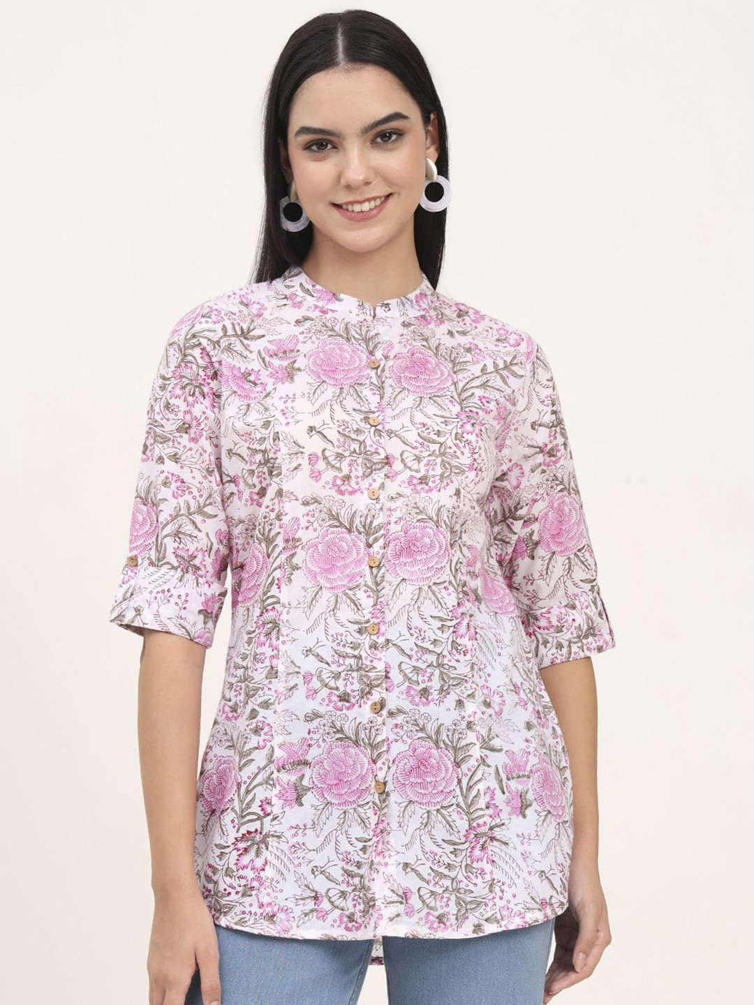 Divena Women Floral Print Mandarin Collar Roll-Up Sleeves Cotton Top