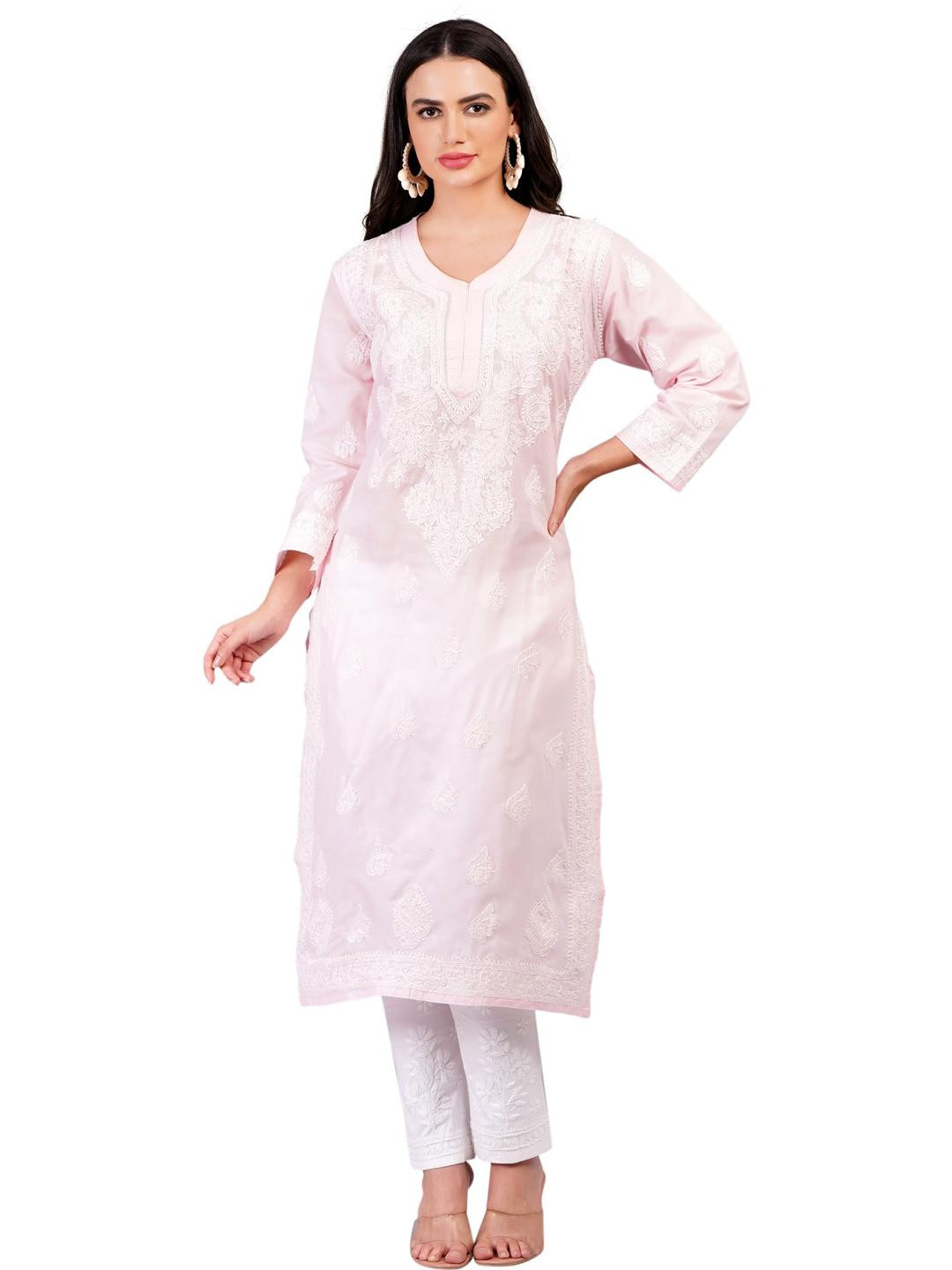 MRS RIGHT Women Embroidered Pink Chikankari Kurti