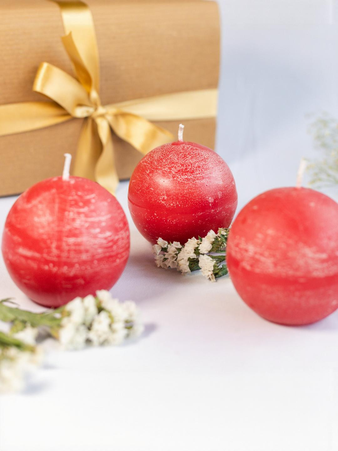 LIGHT JEWELS Pillar Wax Paraffin Rustic Red Ball Candle 3Pcs Smokeless Tea Light Candles