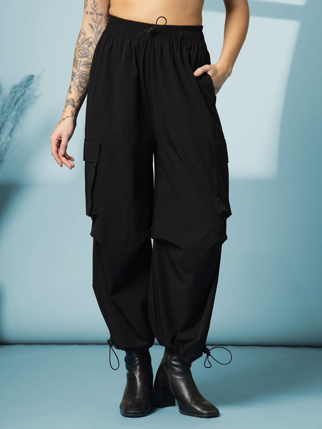 CHKOKKO Women High-Rise Baggy Parachute Cargo Track Pants Trousers