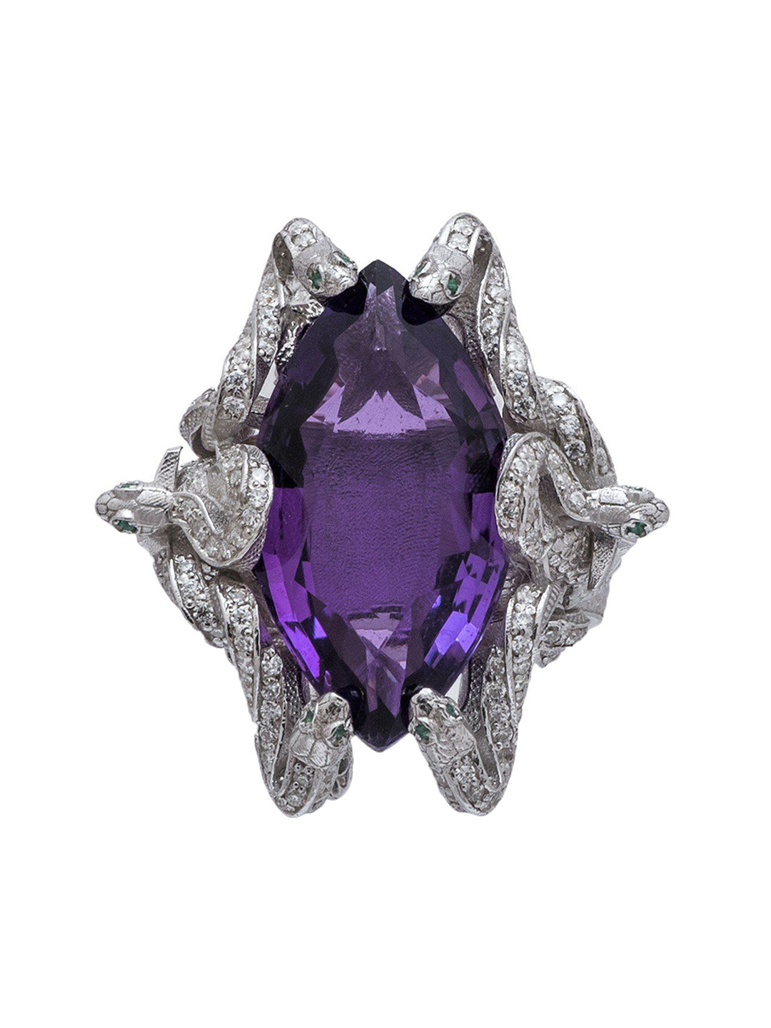 Exotic India Medusa Sterling Silver Ring with Marquise Cut Amethyst
