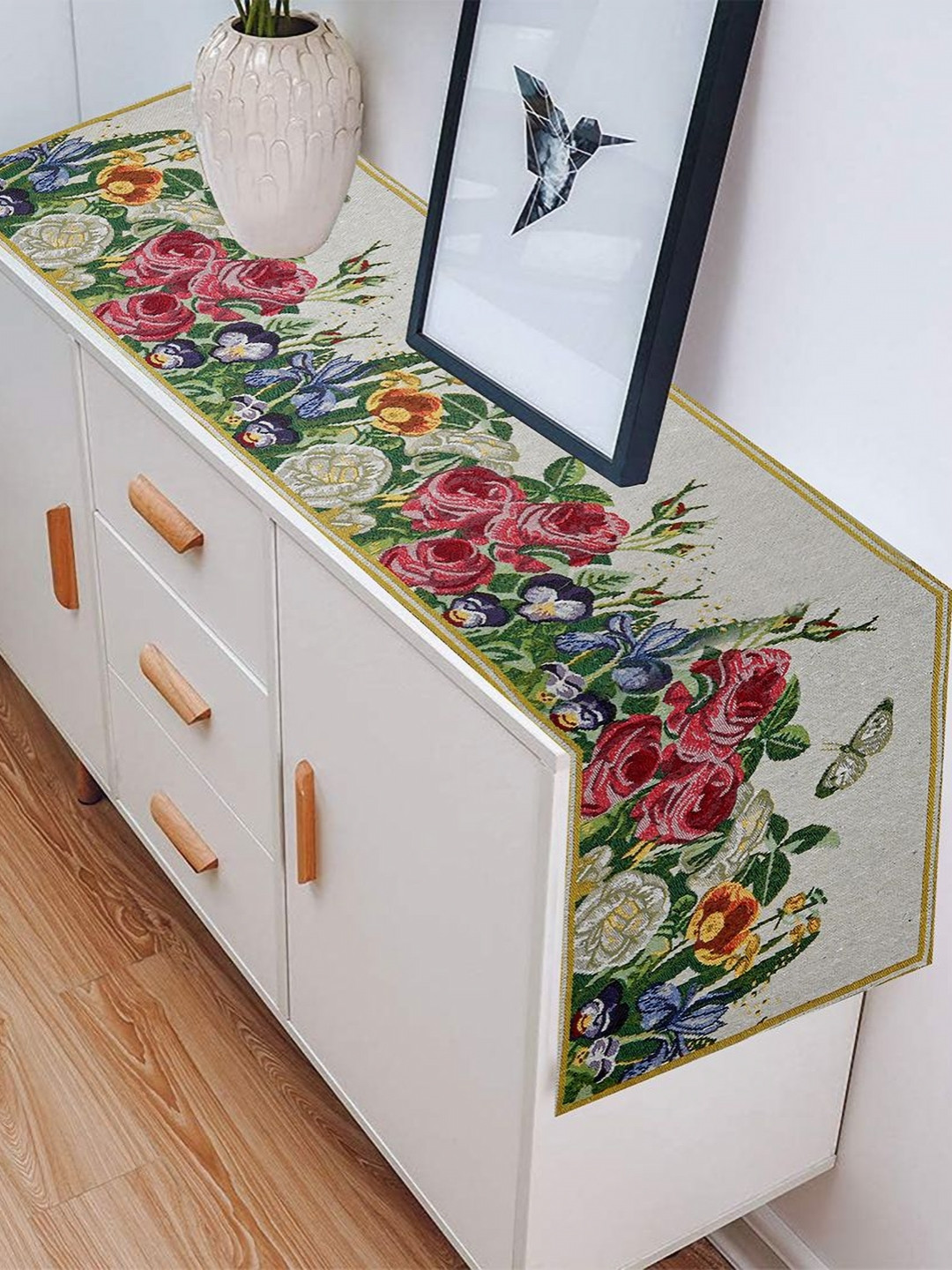 PRAKARTIK Yellow & Green Floral Printed Pure Cotton Durable TableRunner