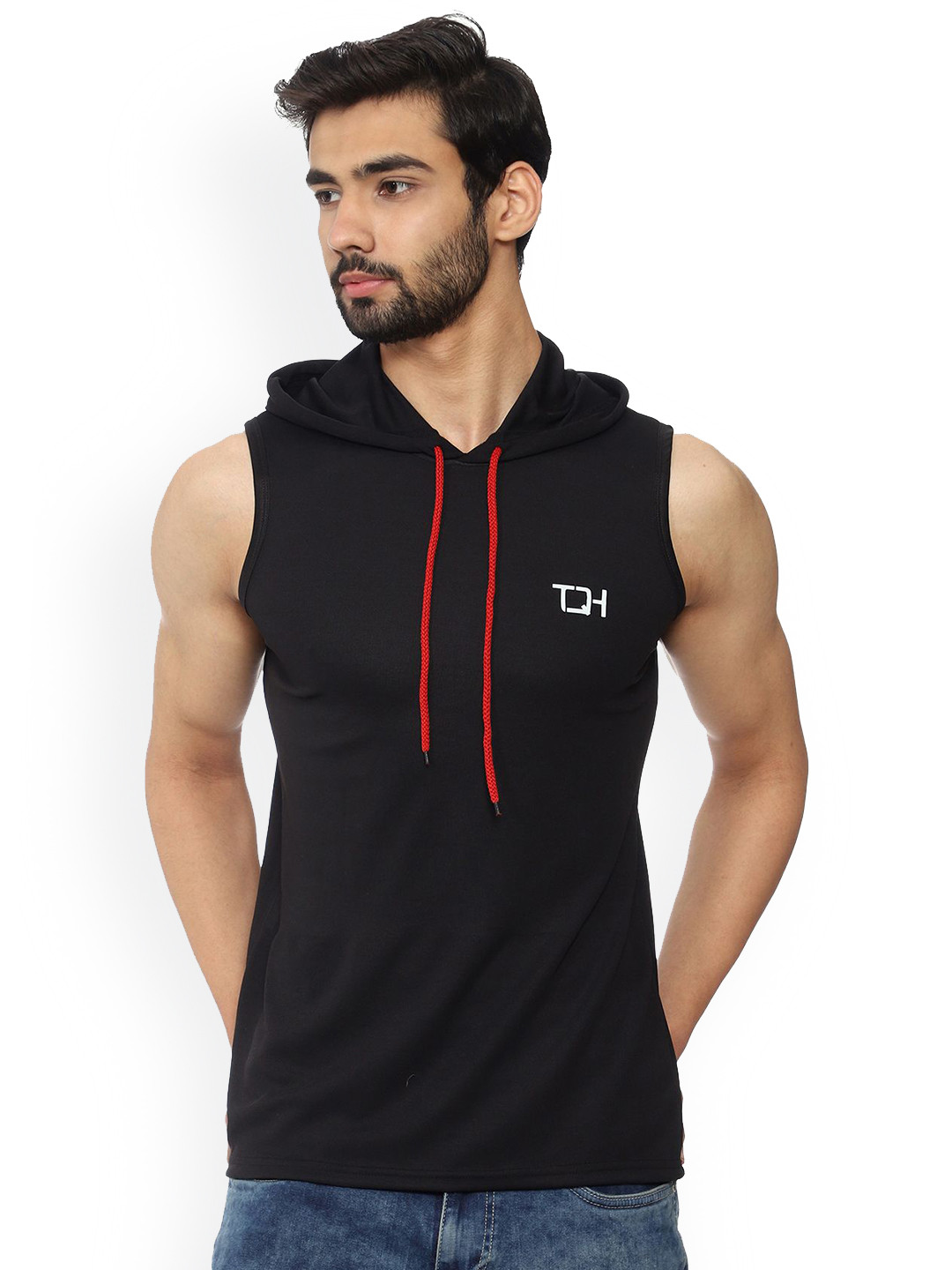 TQH Men Black Sleeveless Hooded Vest