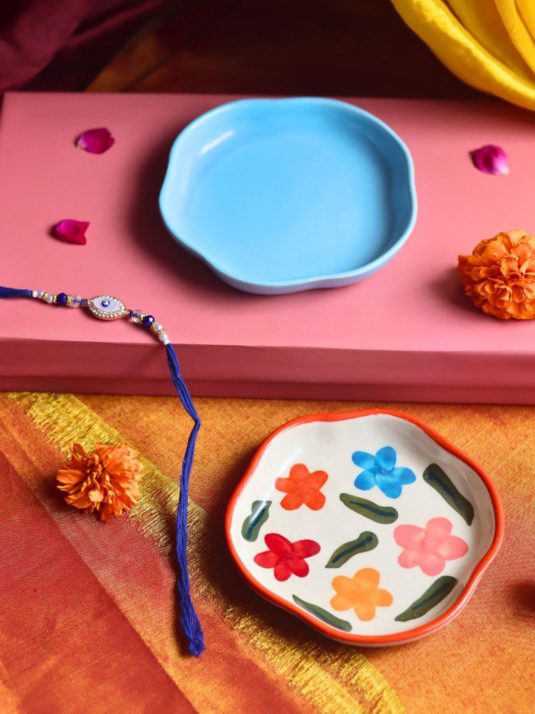 WEAVING HOMES Brightday & Ocean Set Of 2 Dessert Plate With 1 Rakhi & Roli Chawal