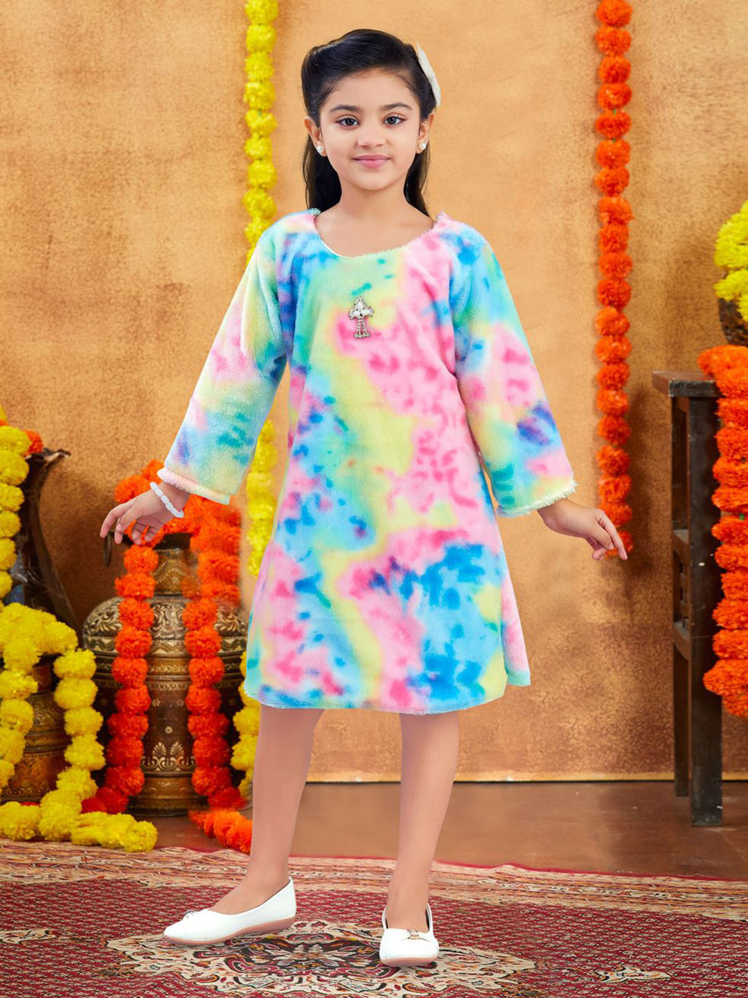 BAESD Girls Tie and Dye Printed Pure Wool A-Line Dress
