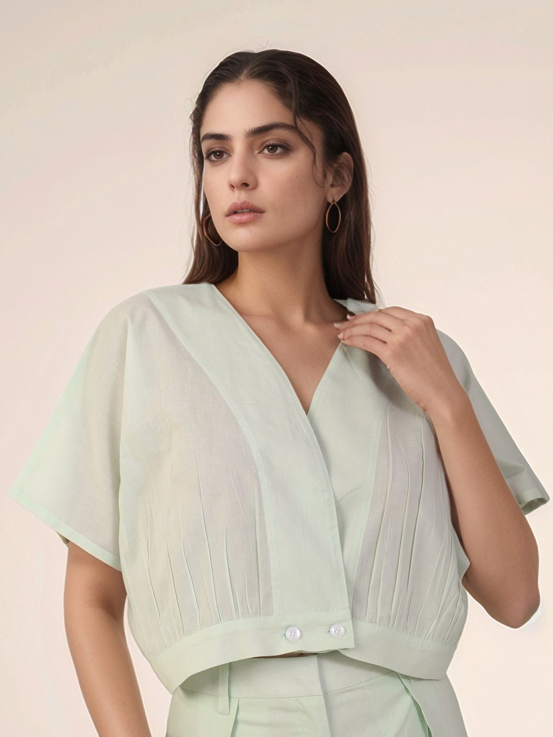 Dheeraj Sharma Women Boxy Fit Solid Collarless Cotton Casual Shirt