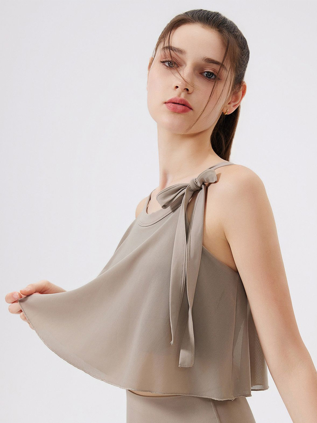 LULU & SKY Women Khaki Crop Round Neck Sports Top