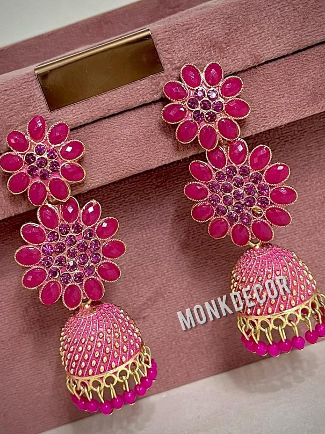 Jeweave Stone Kundan Beaded Dual Floral Earrings