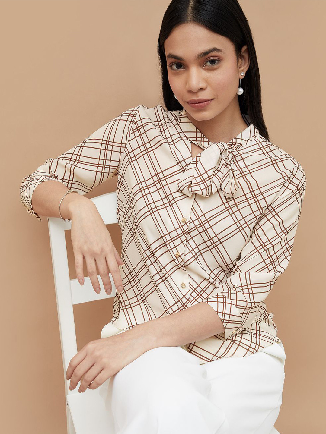 CODE by Lifestyle Women Check Printed Tie-Up Neck Shirt Style Top