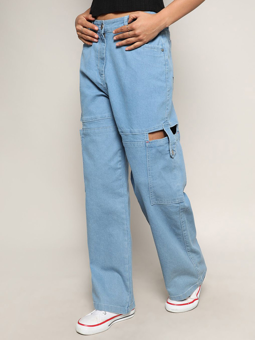 PINACOLADA Women Comfort Wide Leg Cutout Cotton Denim Mid-Rise Jeans