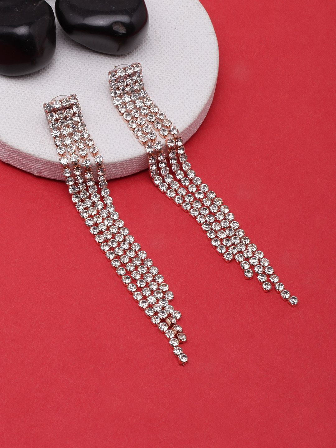 StyleCast Rose Gold-Plated Rhinestone Studded Tasselled Square Shaped Drop Earrings