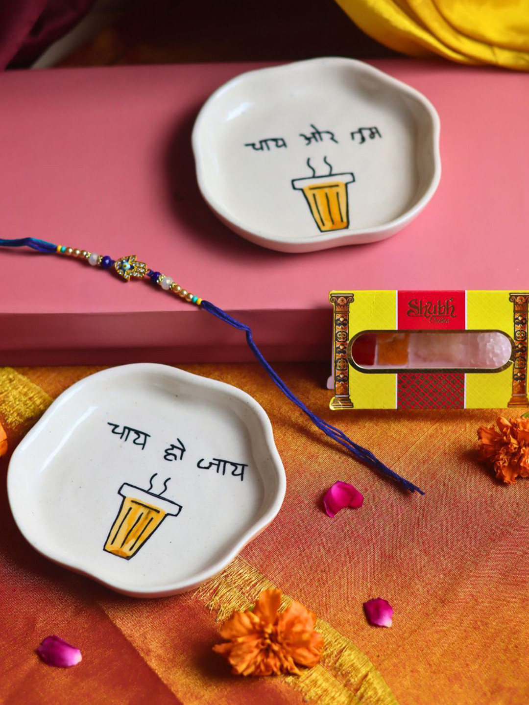 WEAVING HOMES Set Of 2 Dessert Plate With 1 Rakhi & Roli Chawal