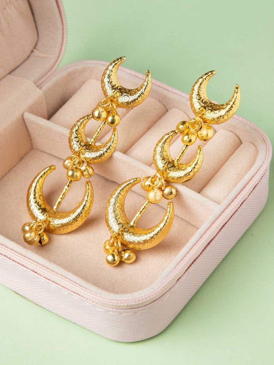 Niscka Gold-Plated Ghungroo Beaded Crescent Shaped Drop Earrings
