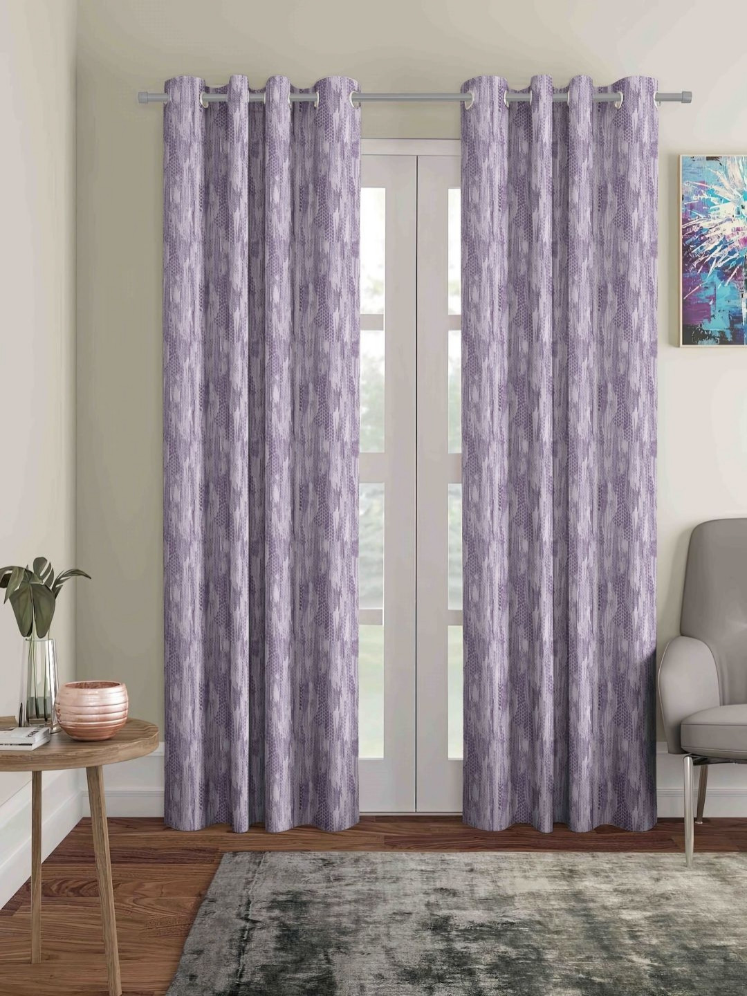 Aura Purple & Lavender 2 Pieces Geometric Textured Room Darkening Long Door Curtains