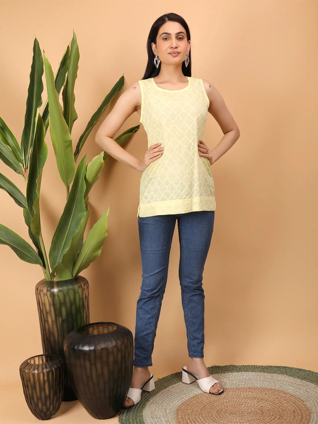 SHWET Women Hand Embroidered Chikankari Yellow round neck sleeveless top