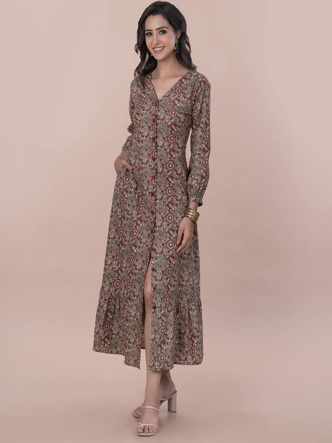 JAGNA Premium Floral Printed A-Line Dress with Front Slit