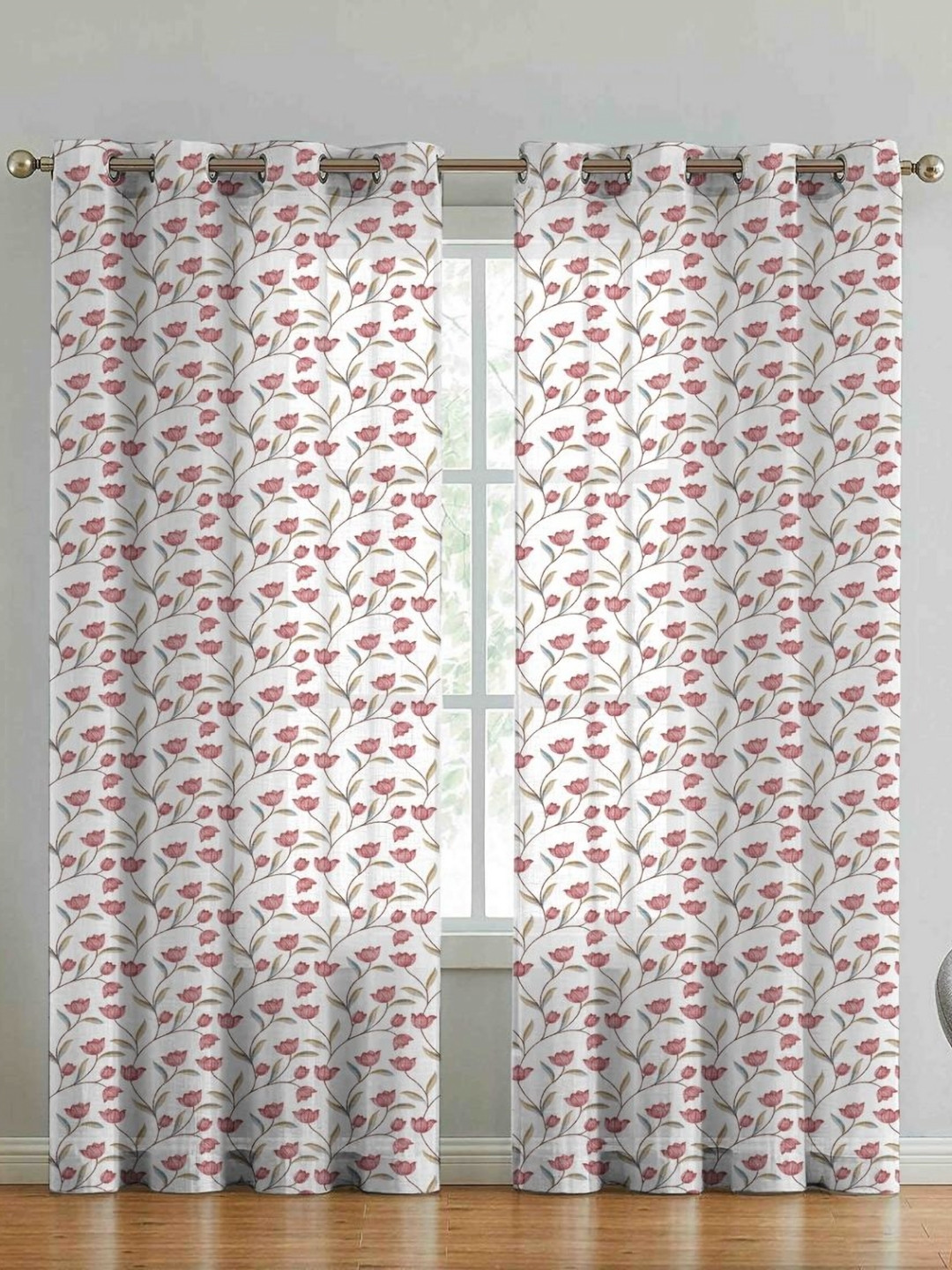 Aura Maroon & White  2 Pieces Floral Printed Sheer Long Door Curtains