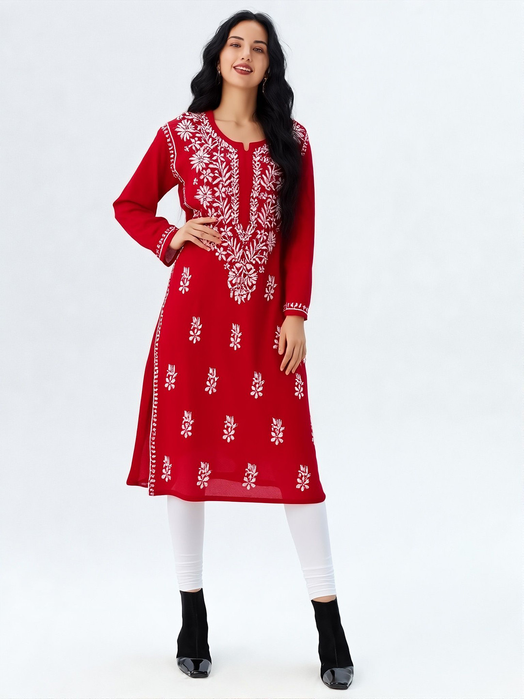 Vineshaa Be You For You Embroidered Notch Neck Chikankari Pure Cotton Straight Kurta
