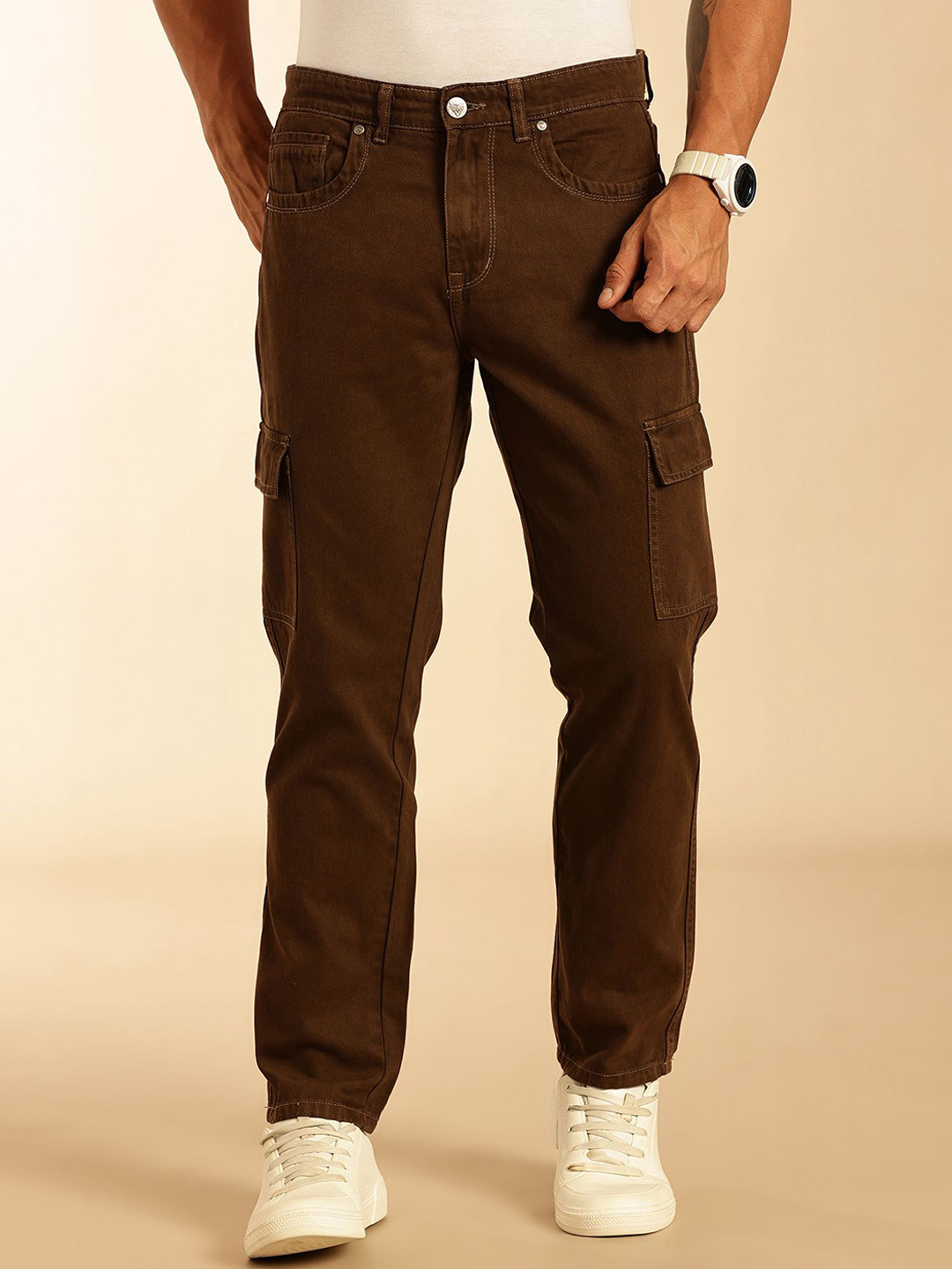 Thomas Scott Men Original Relaxed Fit Mid-Rise Cargo Styles Pure Cotton Jeans