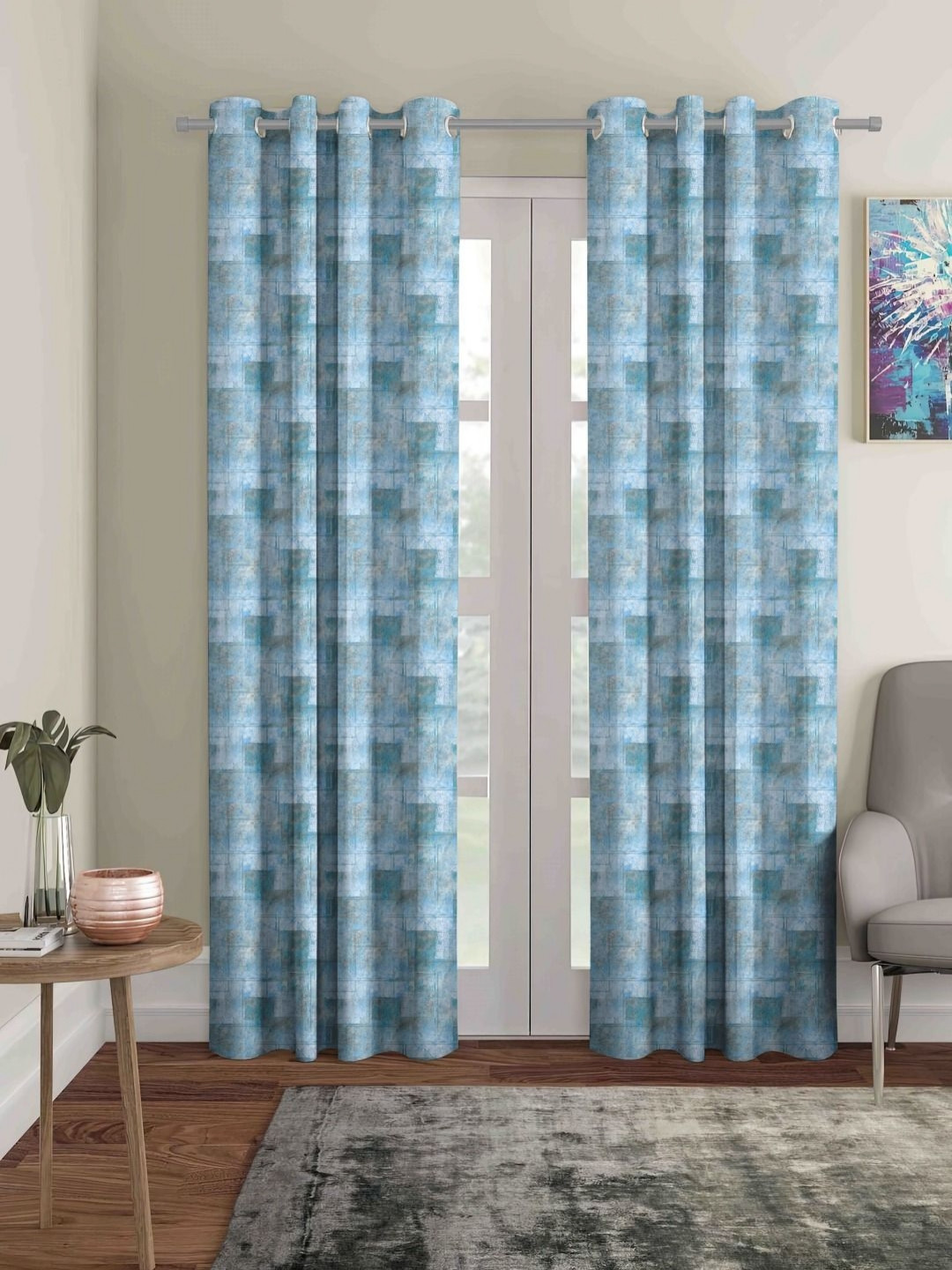 Aura Blue & Grey Geometric Pieces 2 Darkening Long Door Curtain