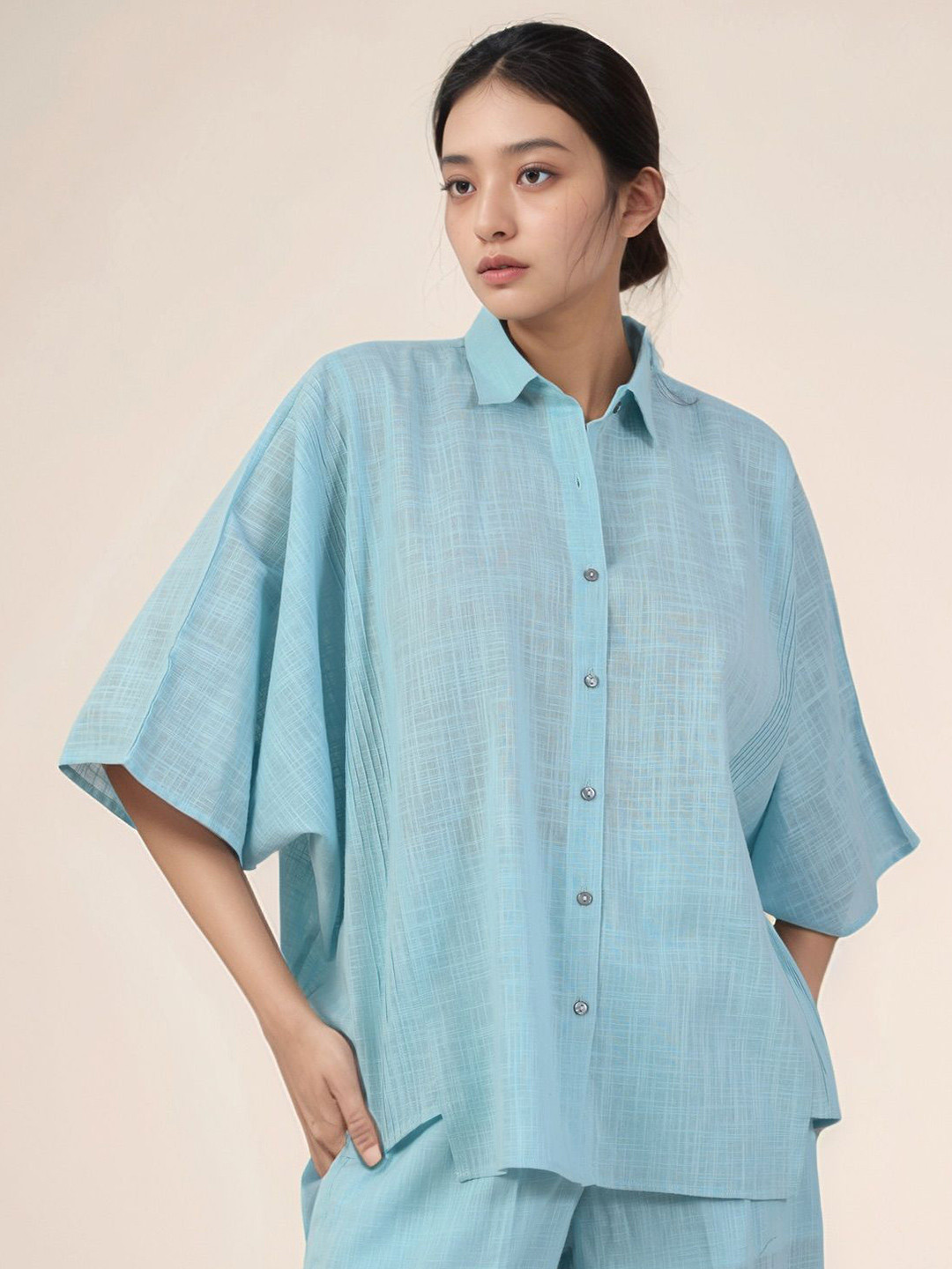 Dheeraj Sharma Women Oversized Fit Textured Spread Collar Cotton Casual Shirt