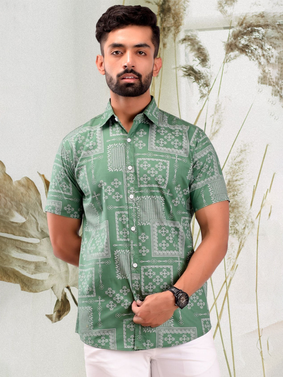 BASE 41 Men Custom Fit Geometric Printed Spread Collar Casual Shirt