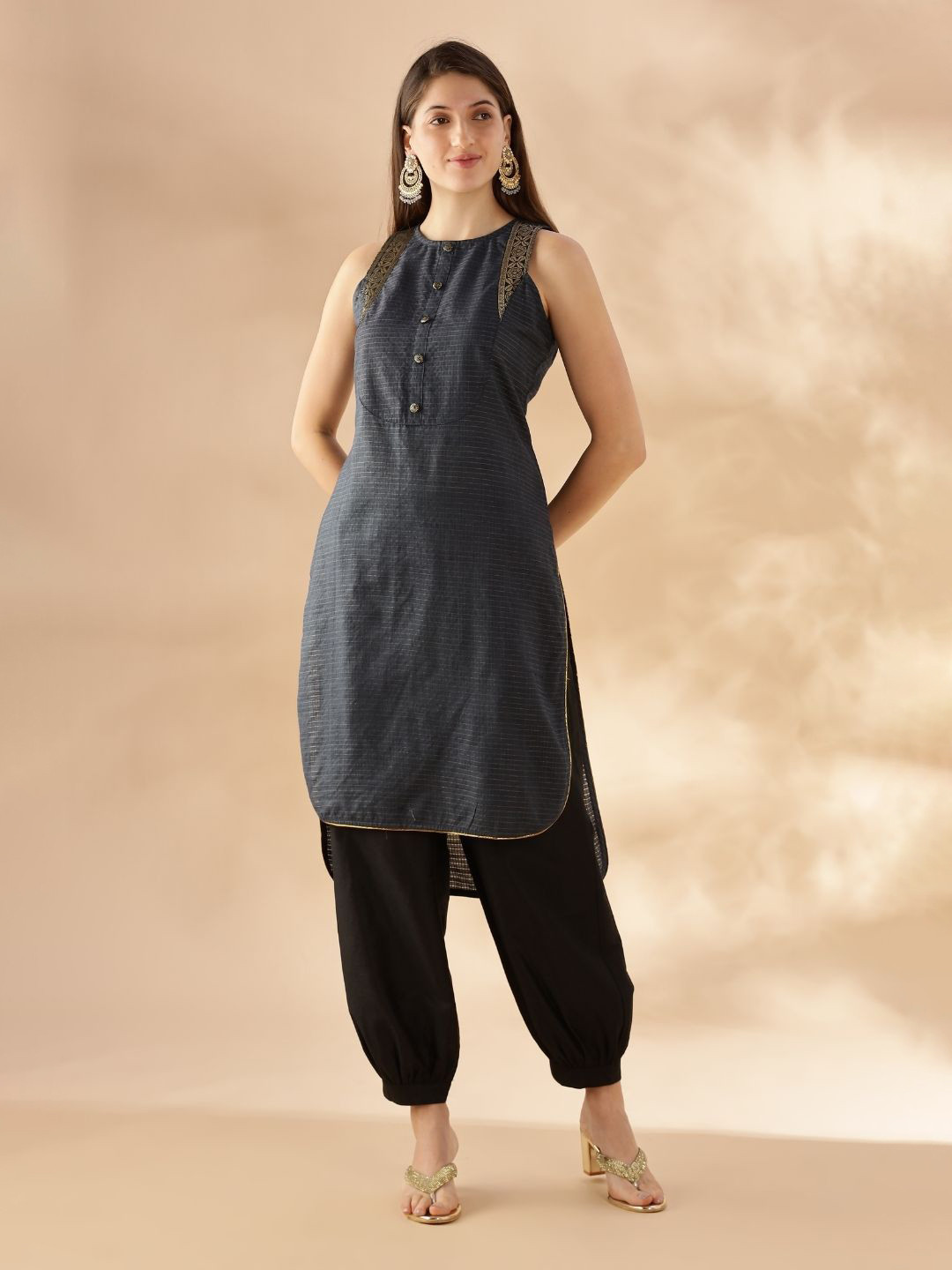 Abhishti Women Midnight Blue Gold Zari Check Kurta