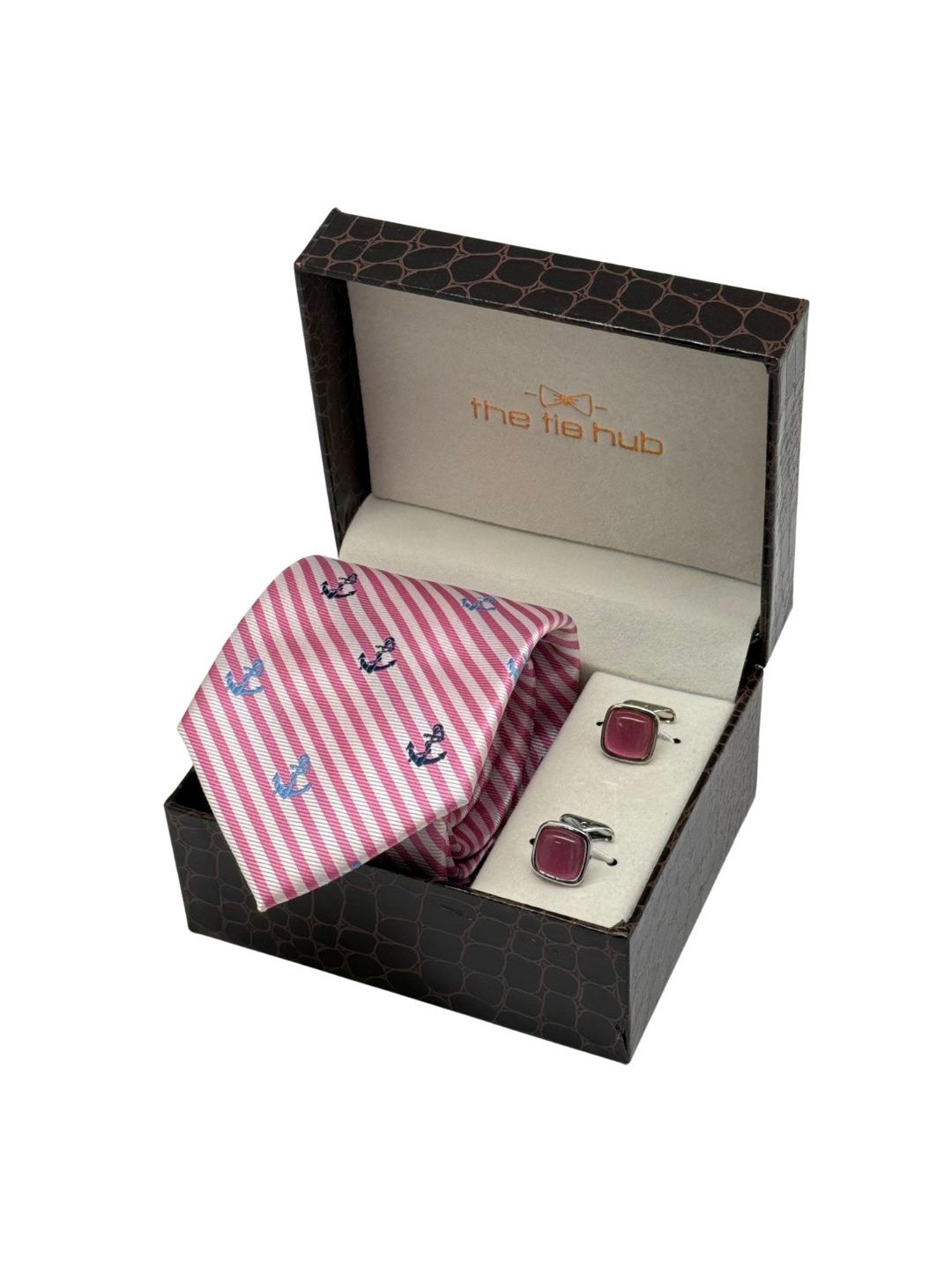 The Tie Hub Men Pack Of 2 Conversational Necktie with Pink Cufflinks Accessory Gift Set