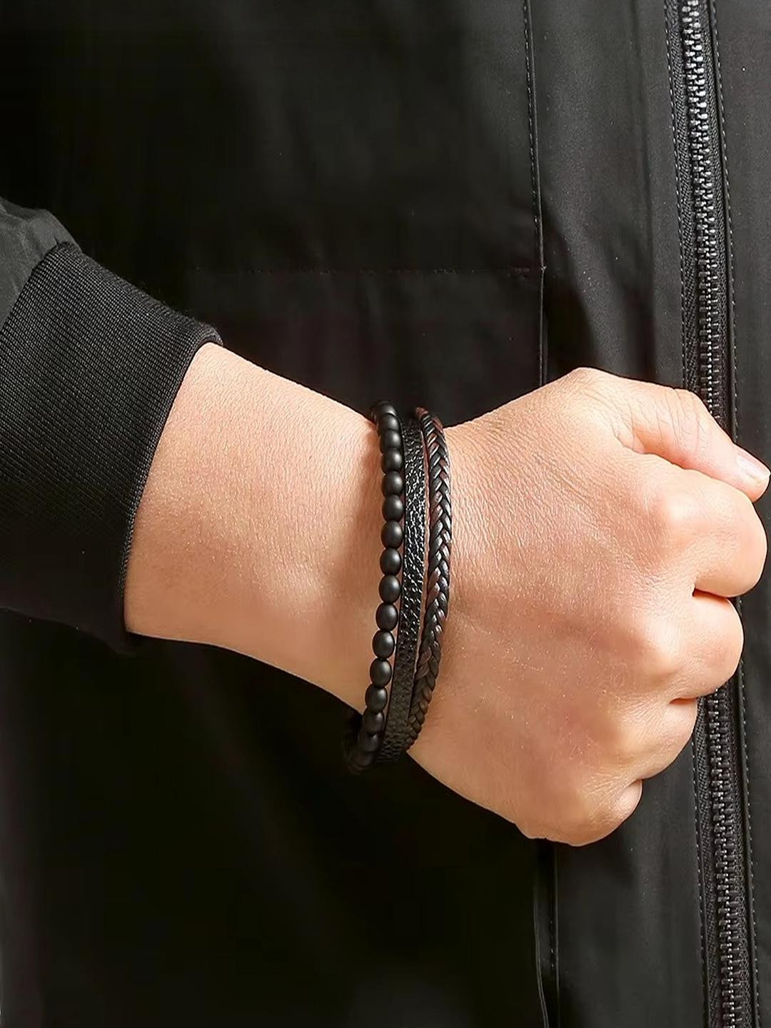 Black-Brown Braided Magnetic Clasp Leather Bracelet For Men