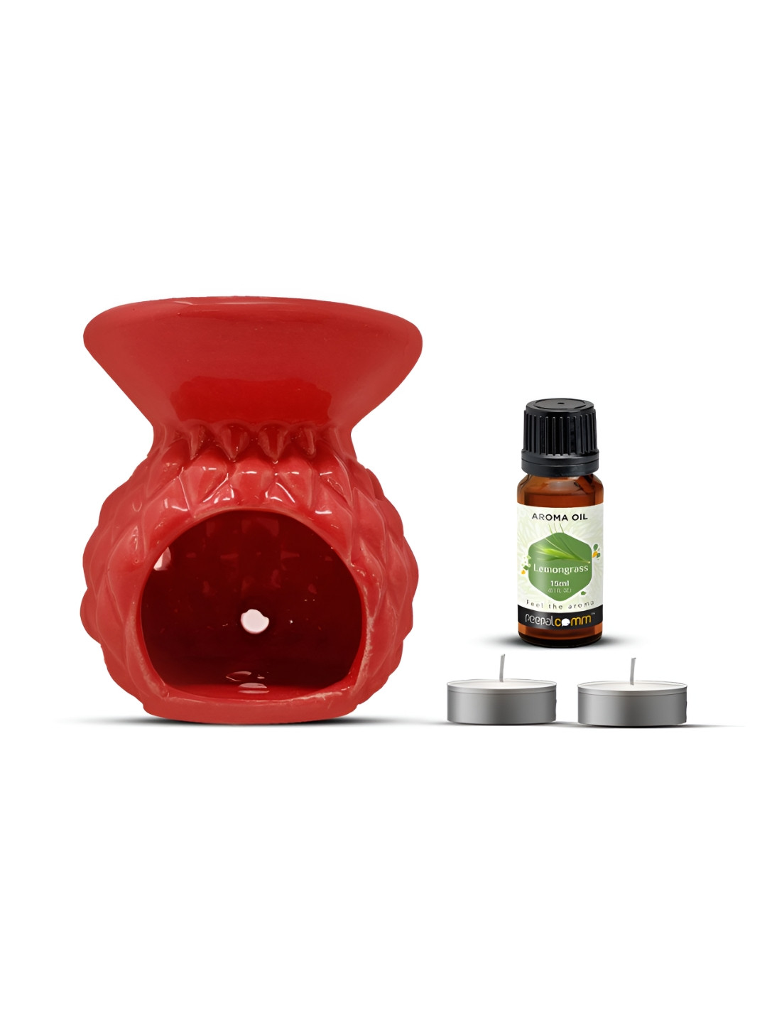 PEEPALCOMM 4Pcs Red Textured Ceramic T-light Aroma Diffuser With Lemongrass Oil - 15 ml