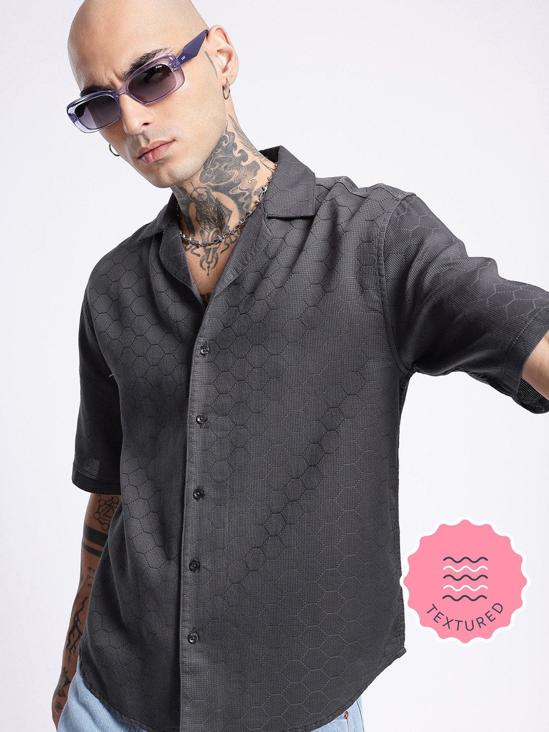 glitchez Self Design Textured Oversized Shirt