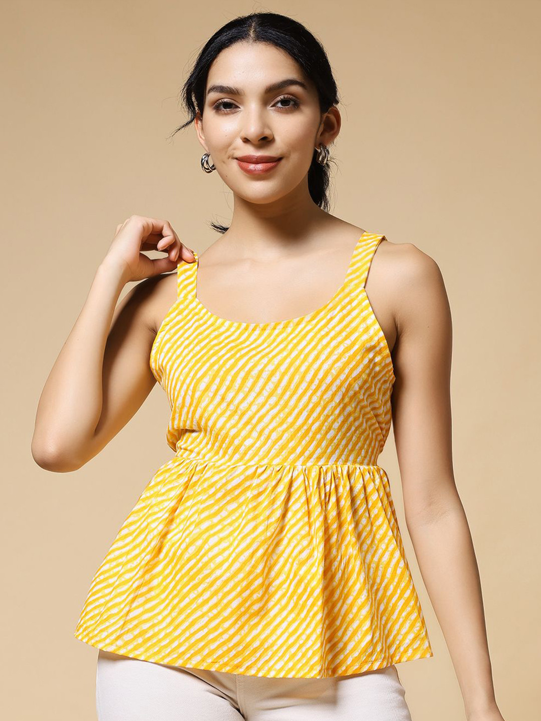 Istyle Can Women Leheriya Printed Scoop Neck Cotton Peplum Top